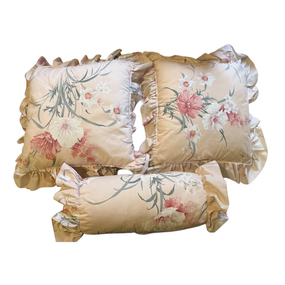 Vintage Decorative Accent Pillows Neck Roll Pink Floral 3 Piece Grandma Core
